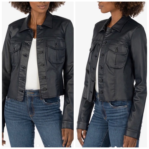 Kut from the Kloth Jackets & Blazers - Kut from the Kloth Kara Coated Jacket Womens XS Black Frayed Hem Crop KJ0314MC1